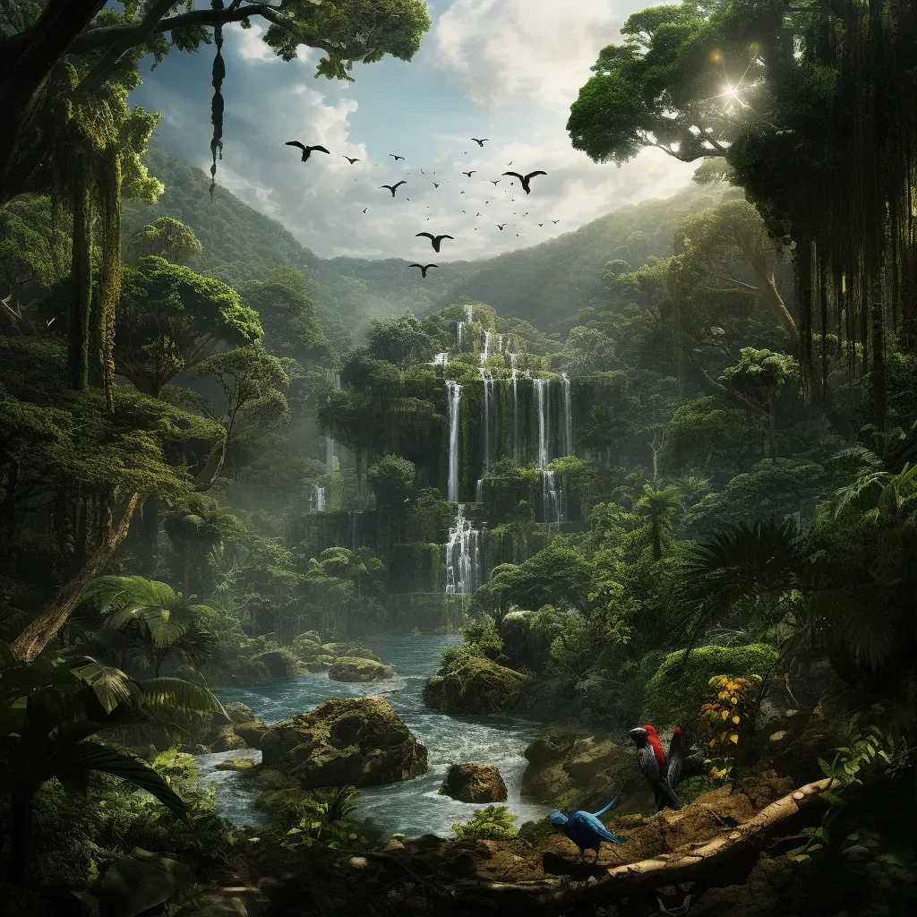 Tropical rainforest with colorful birds and a waterfall in the background - Image 1