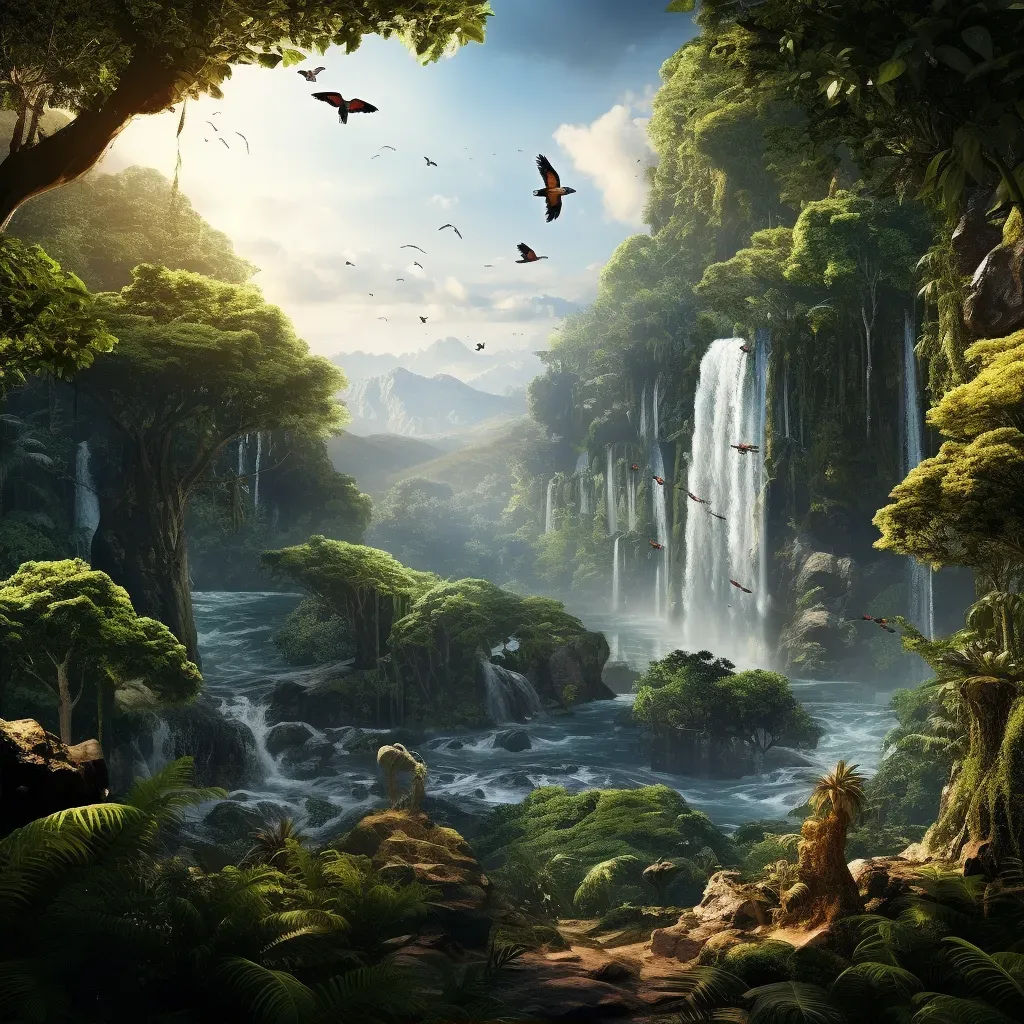 Tropical rainforest with colorful birds and a waterfall in the background - Image 2