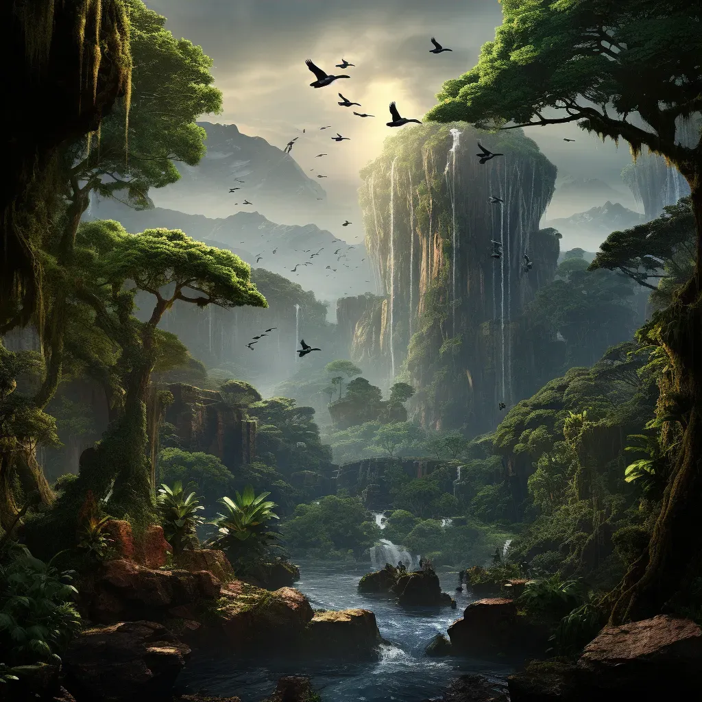 Tropical rainforest with colorful birds and a waterfall in the background - Image 3