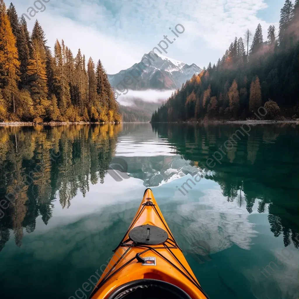 Aerial view of lake with kayak and mountains in background - Image 1