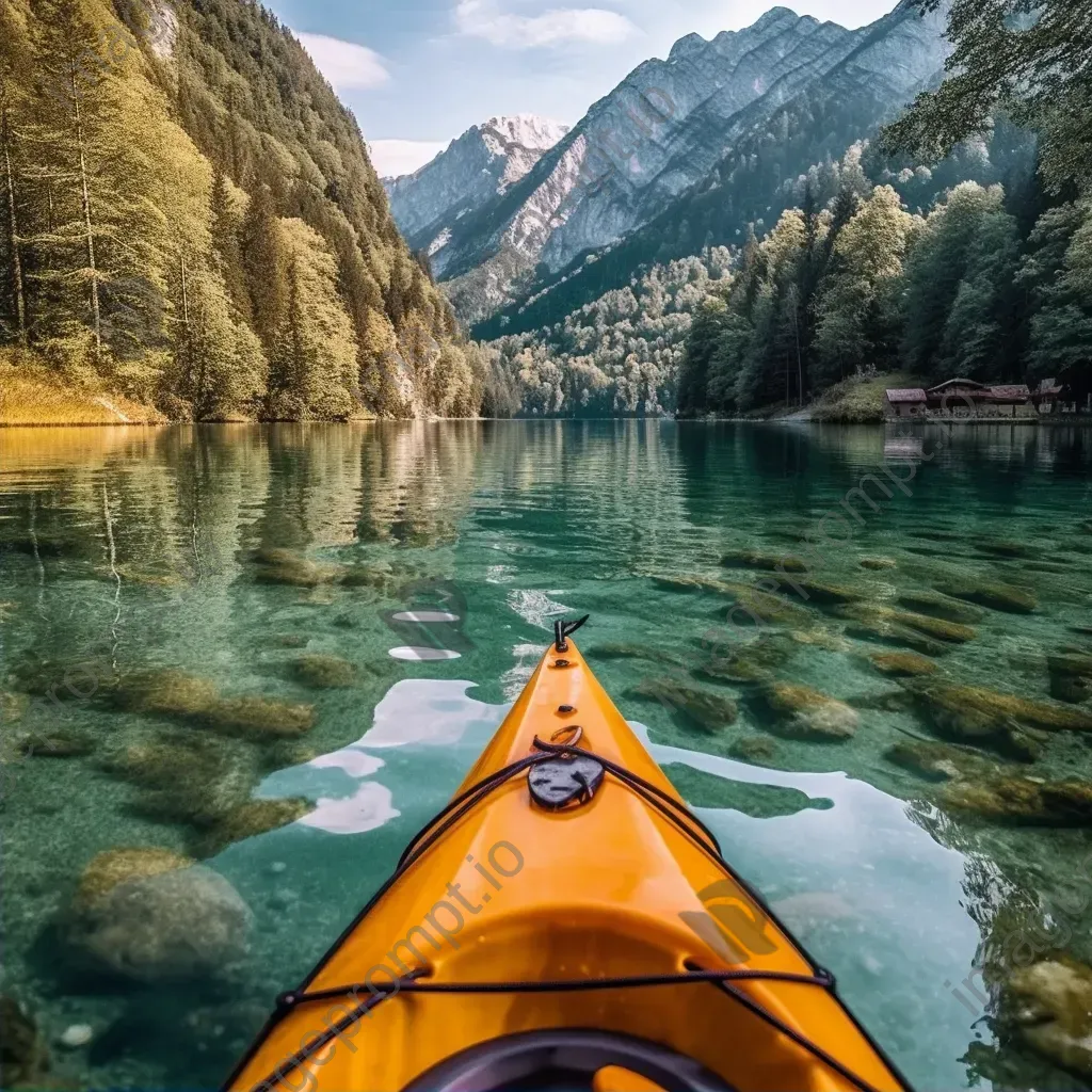 Aerial view of lake with kayak and mountains in background - Image 2