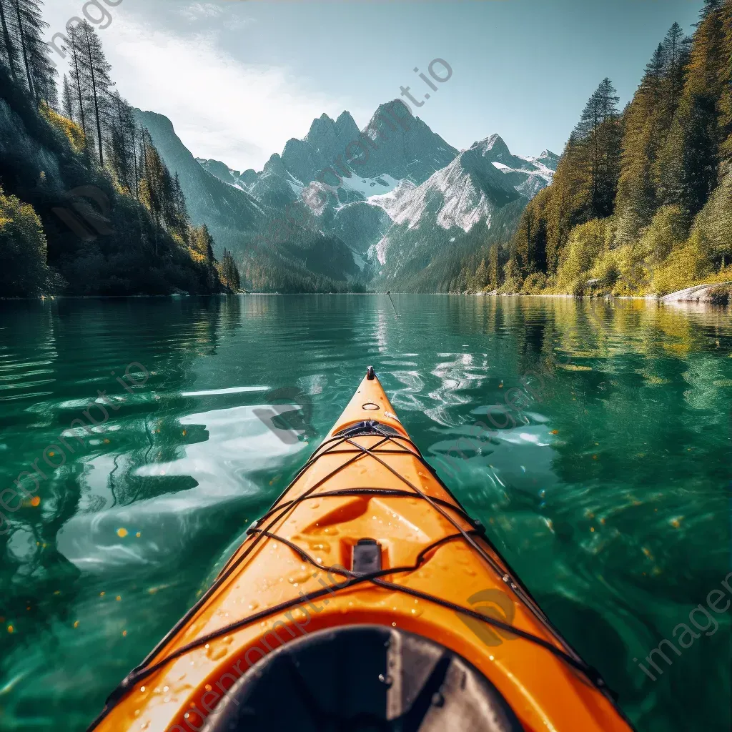 Aerial view of lake with kayak and mountains in background - Image 3