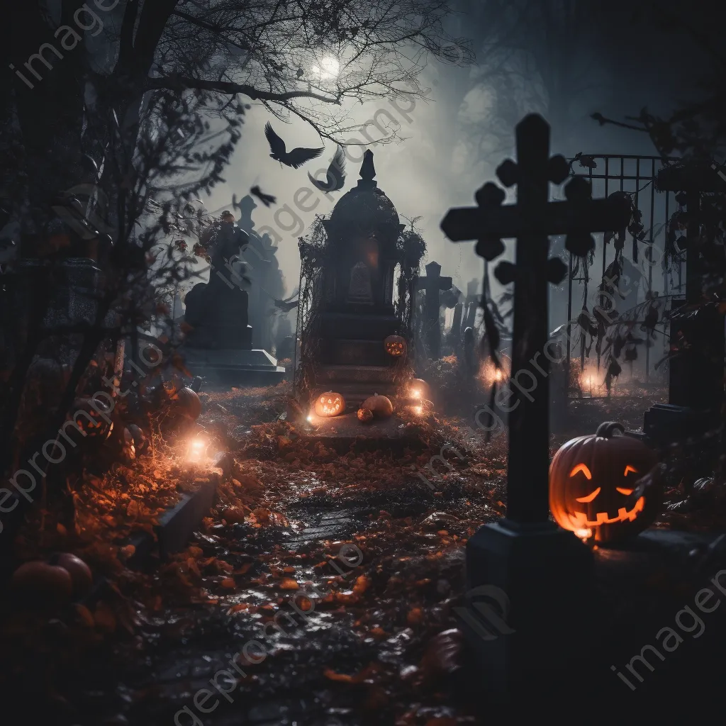 Foggy graveyard with tombstones and glowing jack-o