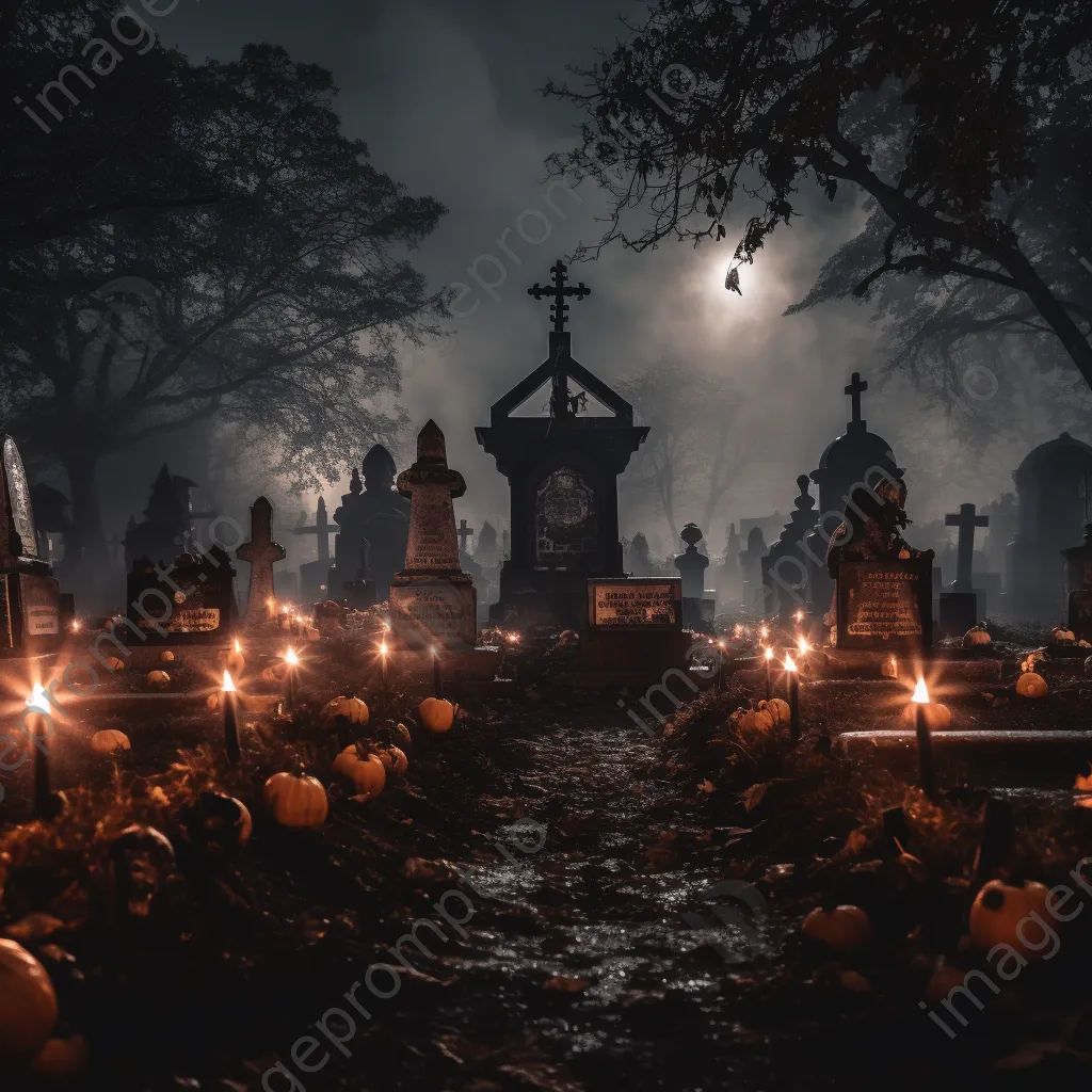 Foggy graveyard with tombstones and glowing jack-o