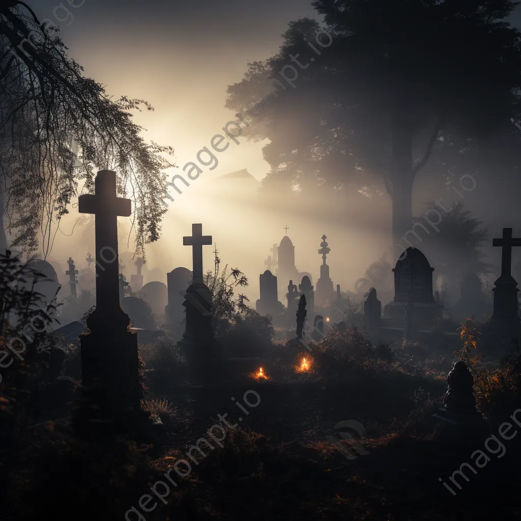 Foggy graveyard with tombstones and glowing jack-o