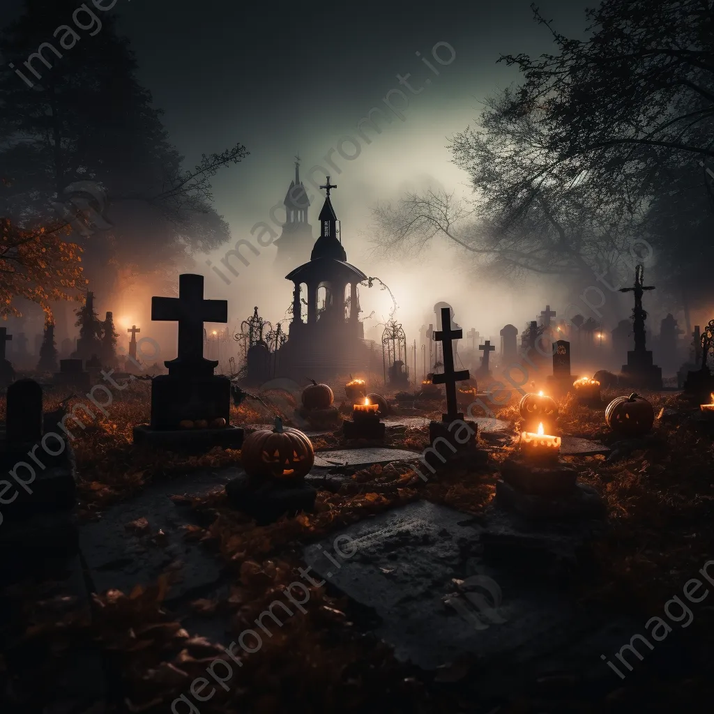 Foggy graveyard with tombstones and glowing jack-o