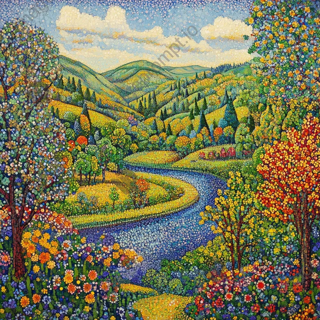 Pointillistic landscape of a serene valley with a winding river, framed by lush vibrant flora - Image 1