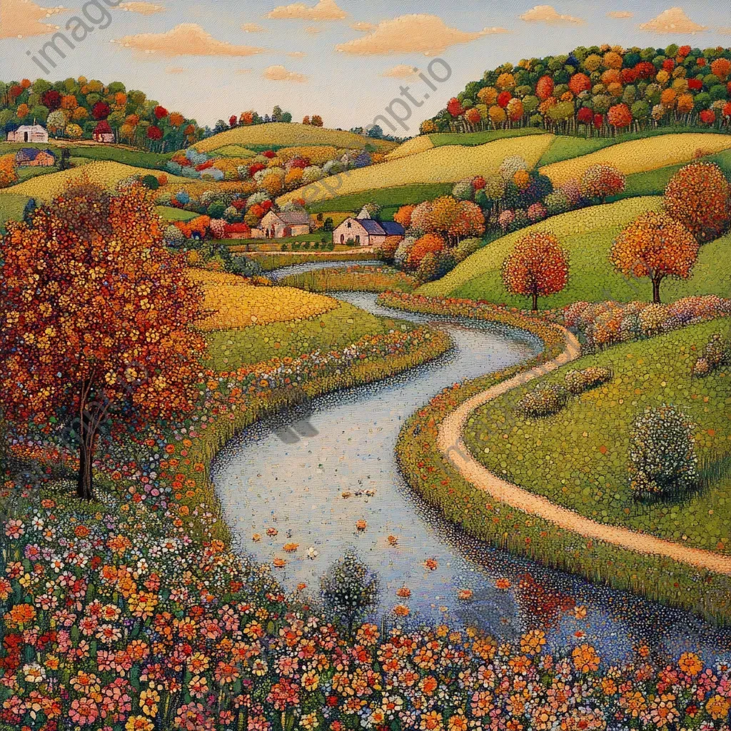 Pointillistic landscape of a serene valley with a winding river, framed by lush vibrant flora - Image 2