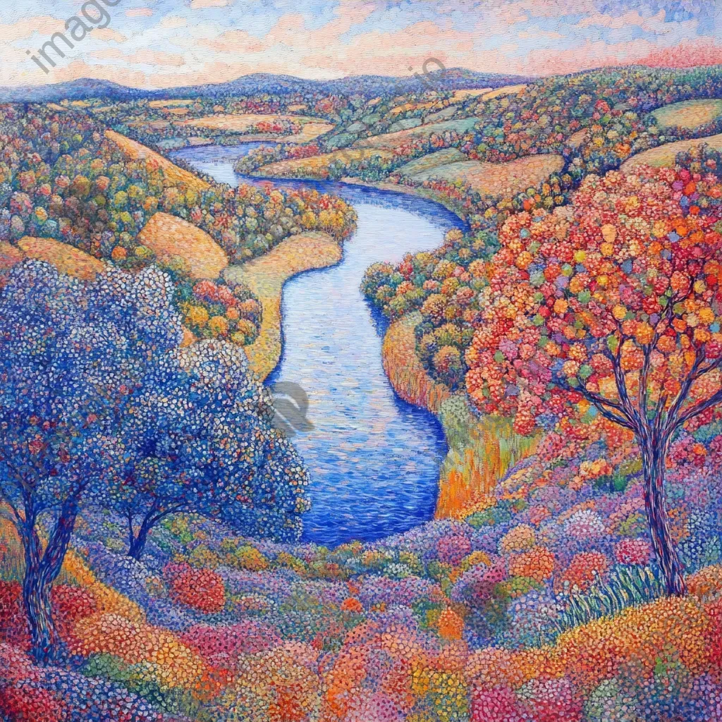 Pointillistic landscape of a serene valley with a winding river, framed by lush vibrant flora - Image 3