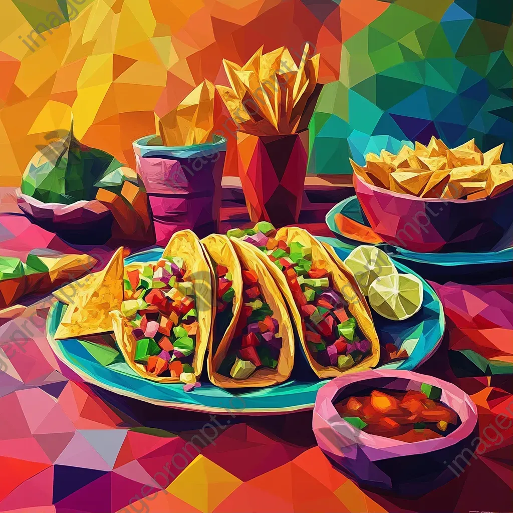 Bold depiction of a Mexican fiesta with tacos and nachos in low poly style - Image 1