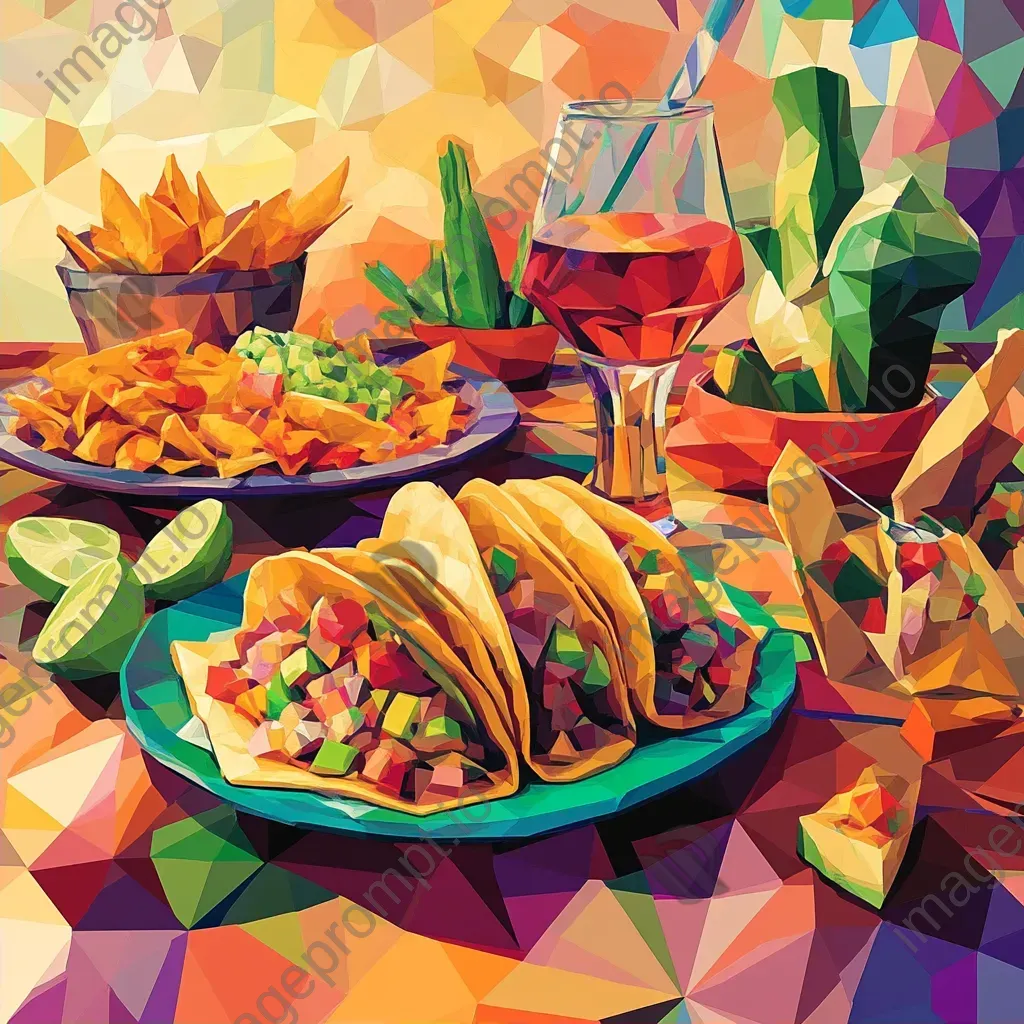 Bold depiction of a Mexican fiesta with tacos and nachos in low poly style - Image 2