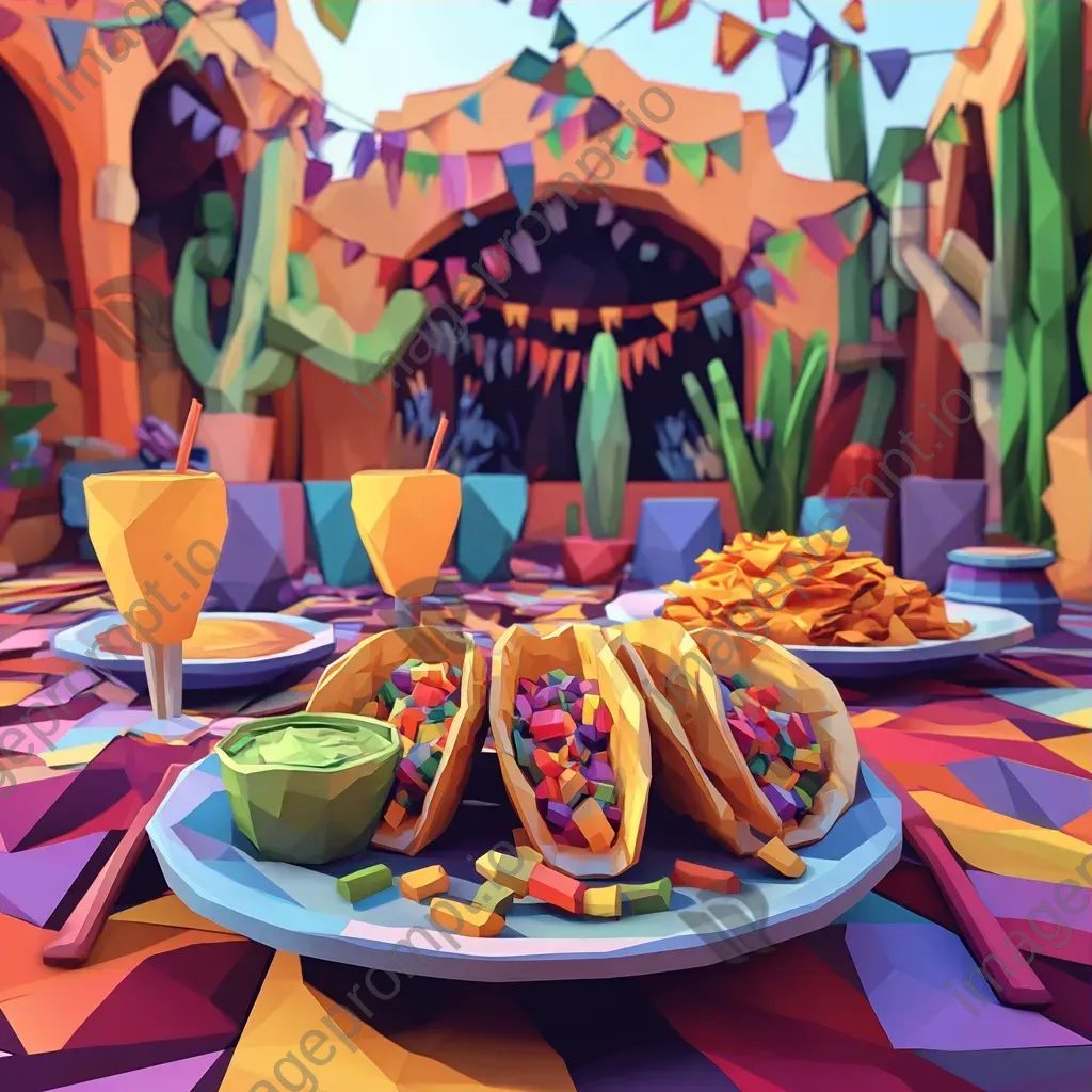 Bold depiction of a Mexican fiesta with tacos and nachos in low poly style - Image 3