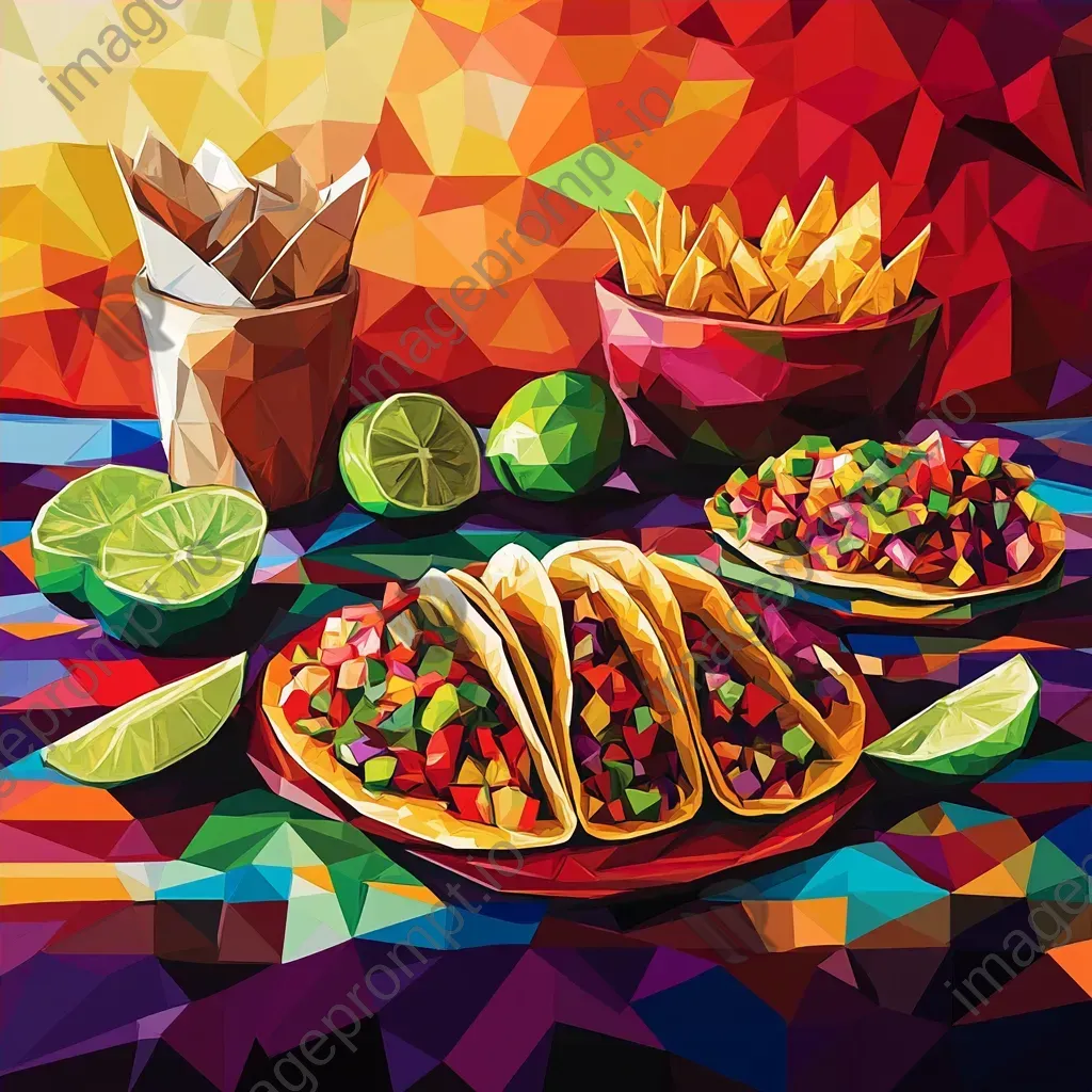 Bold depiction of a Mexican fiesta with tacos and nachos in low poly style - Image 4