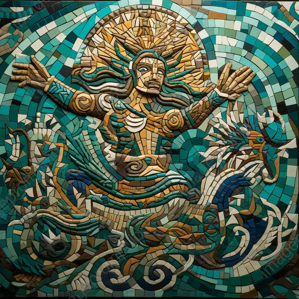 Mosaic artwork featuring a Mesoamerican deity controlling sea currents - Image 1