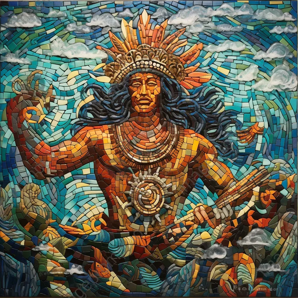 Mosaic artwork featuring a Mesoamerican deity controlling sea currents - Image 3