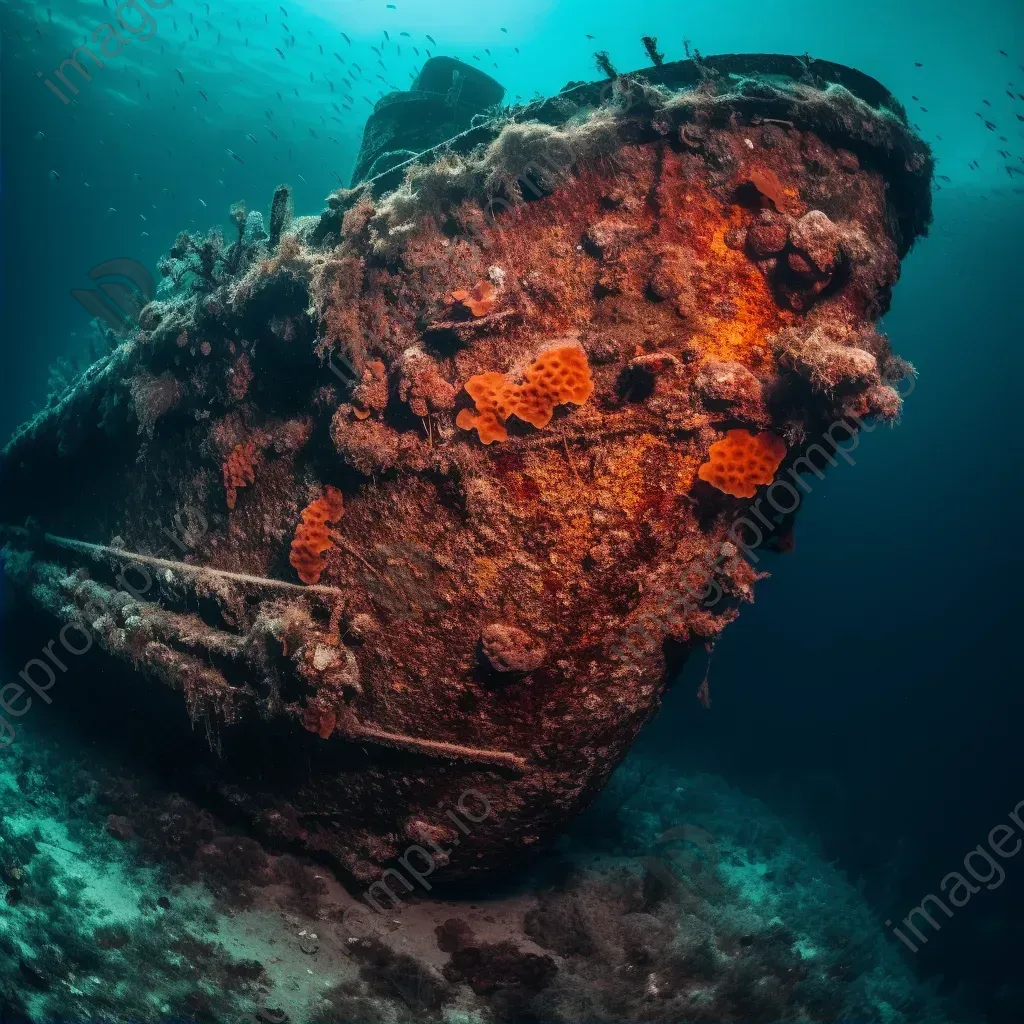 Submerged ancient ship hull with barnacles and corals underwater - Image 2