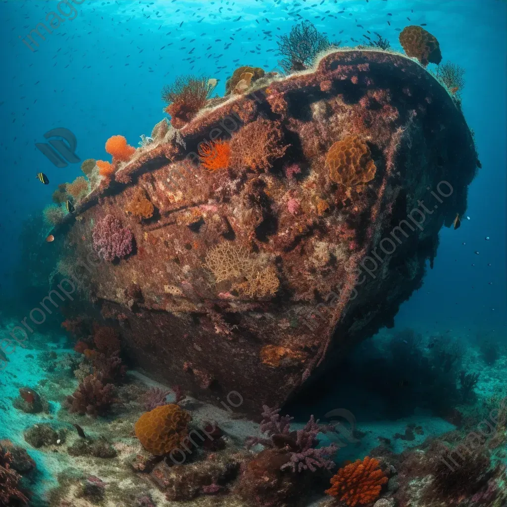 Submerged ancient ship hull with barnacles and corals underwater - Image 3