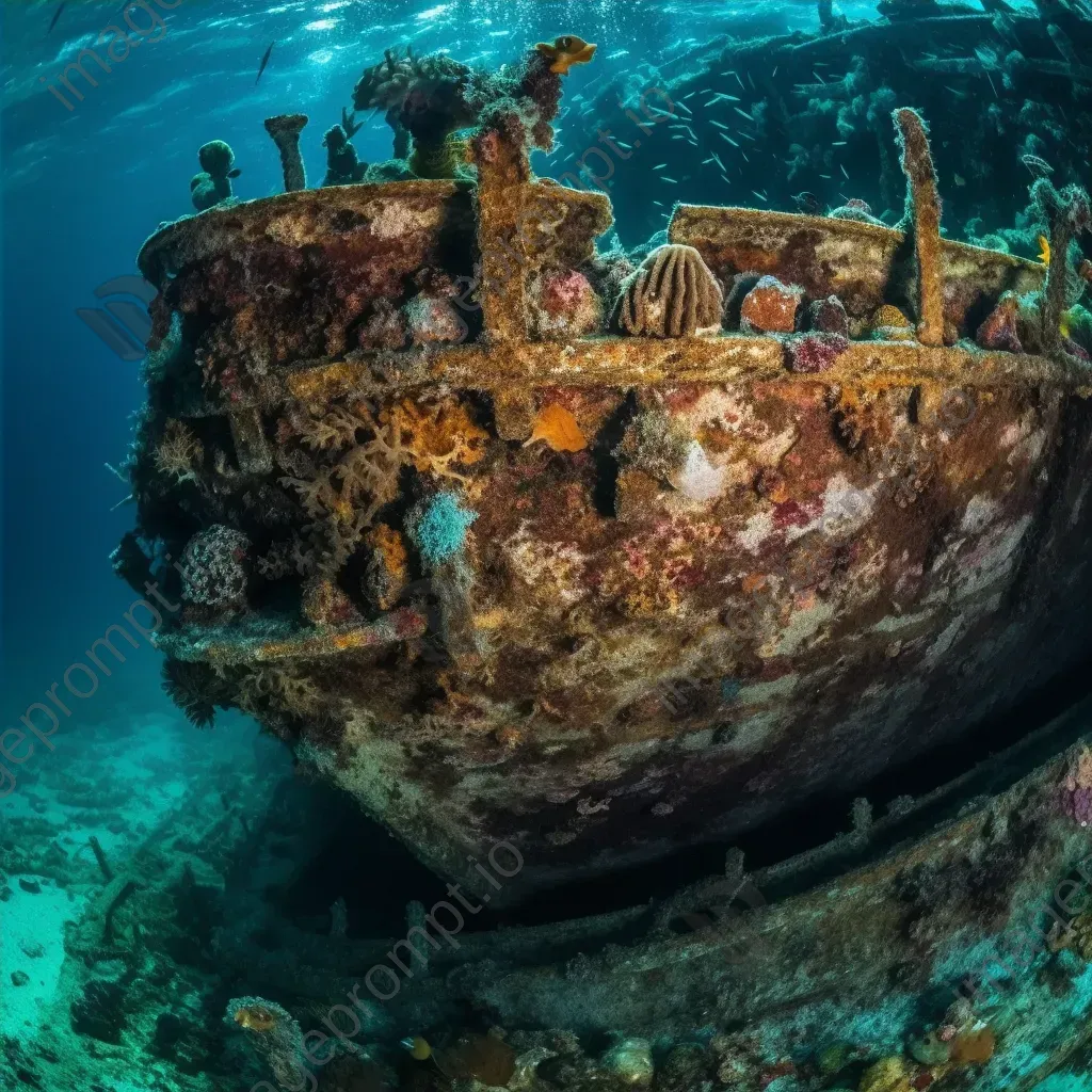 Submerged ancient ship hull with barnacles and corals underwater - Image 4