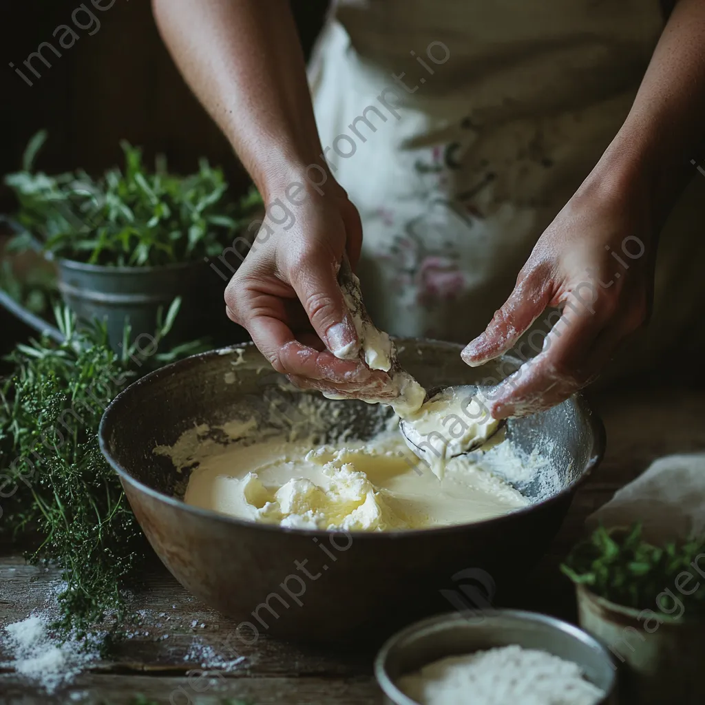 Close-up of hands mixing cream and salt in a bowl for butter making with vintage pails - Image 1