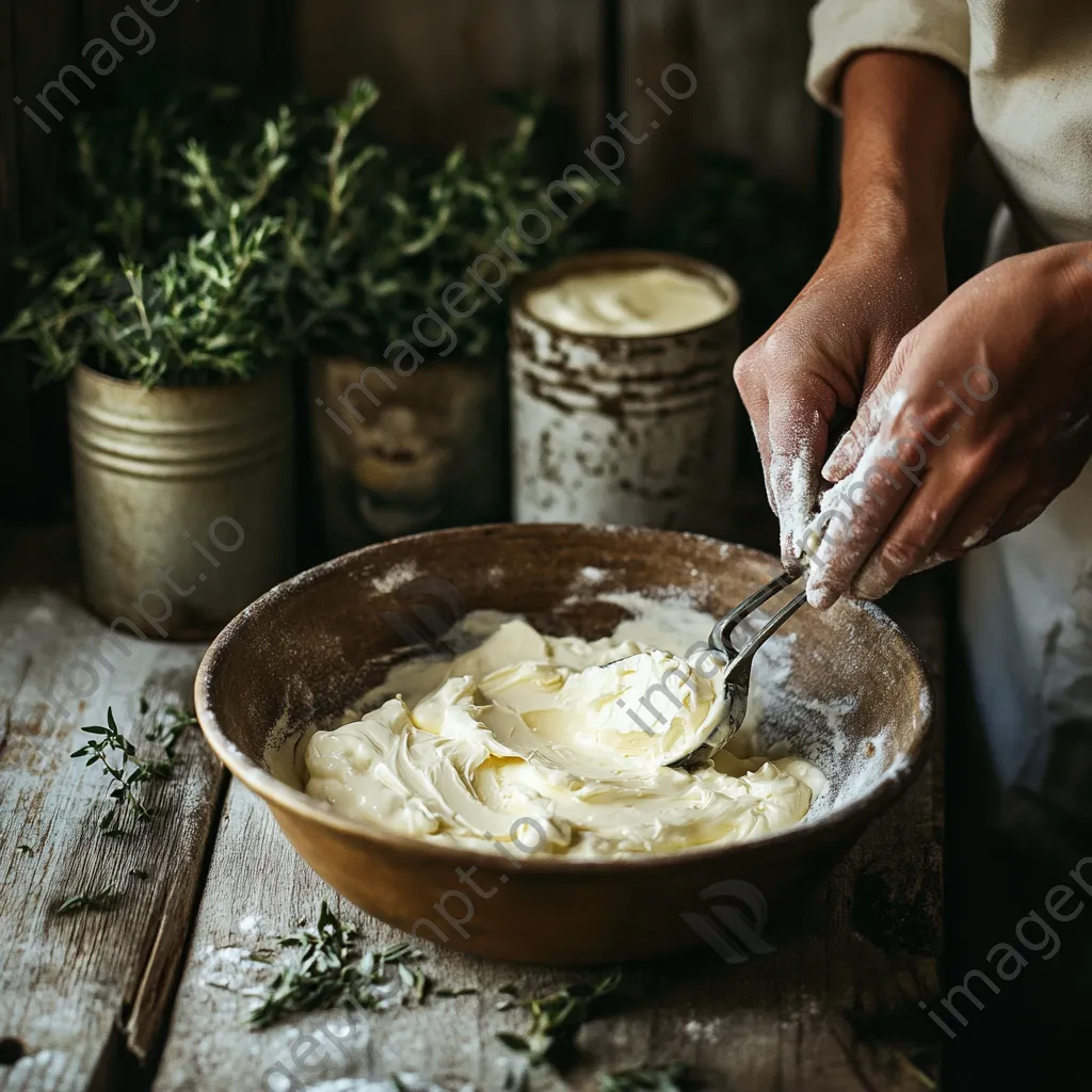 Close-up of hands mixing cream and salt in a bowl for butter making with vintage pails - Image 2