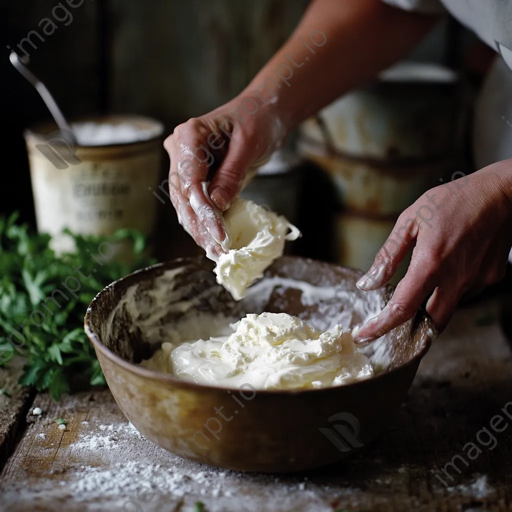 Close-up of hands mixing cream and salt in a bowl for butter making with vintage pails - Image 3