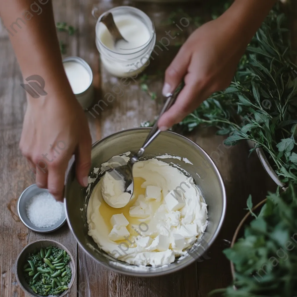 Close-up of hands mixing cream and salt in a bowl for butter making with vintage pails - Image 4