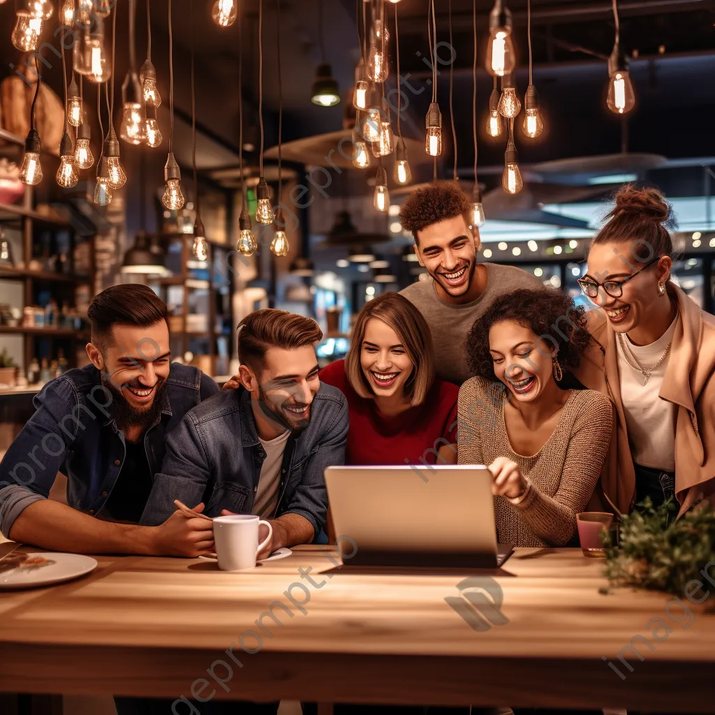 Friends shopping online together in a coffee shop - Image 2