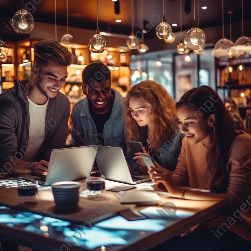 Friends shopping online together in a coffee shop - Image 3