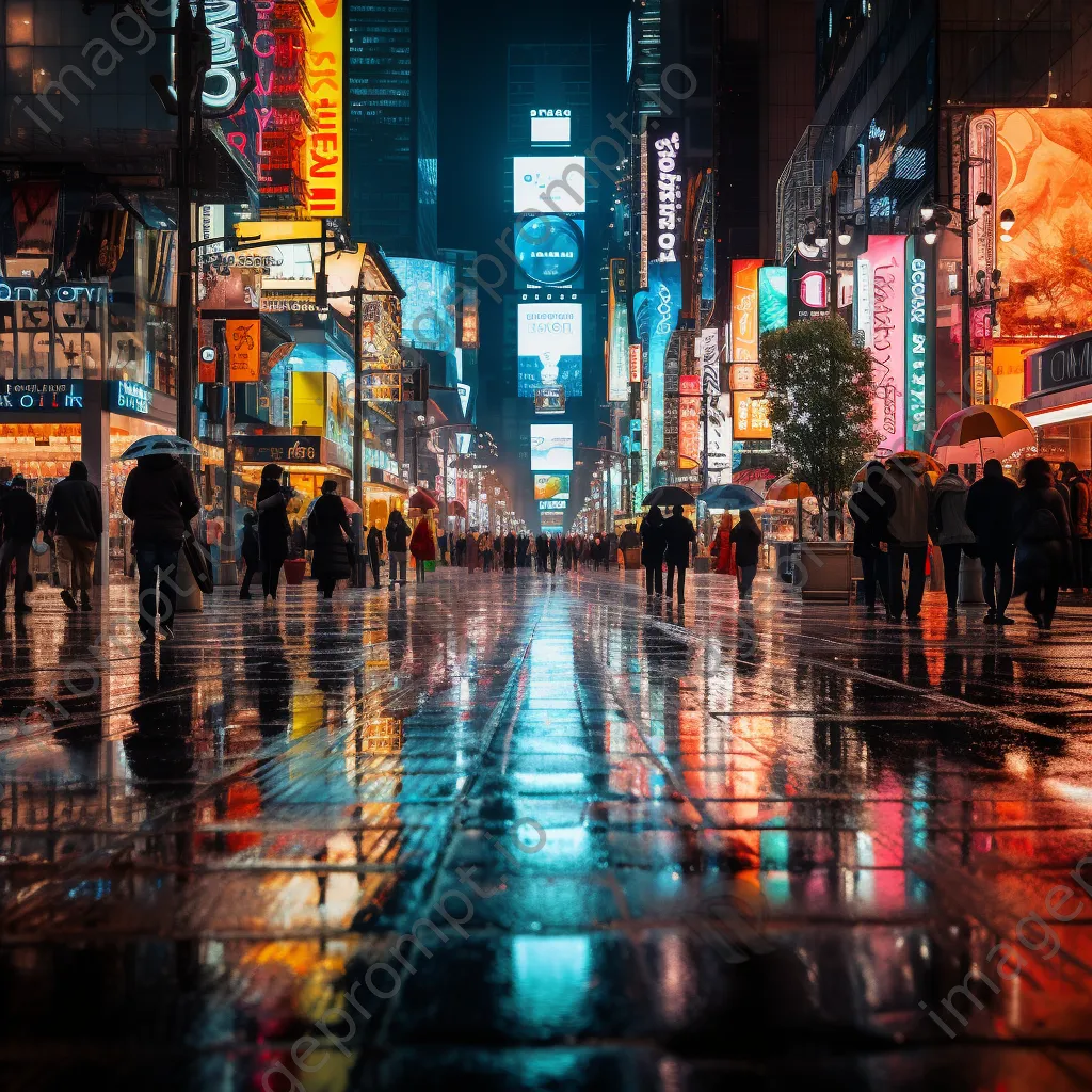 City street illuminated by neon lights with reflections on wet pavement - Image 1