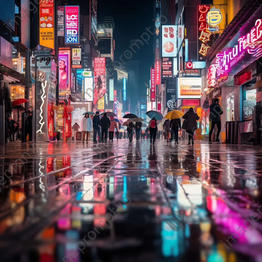 City street illuminated by neon lights with reflections on wet pavement - Image 2