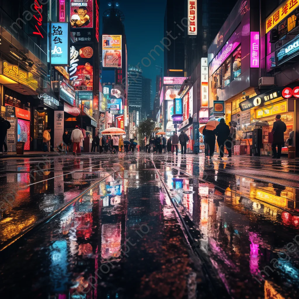 City street illuminated by neon lights with reflections on wet pavement - Image 3