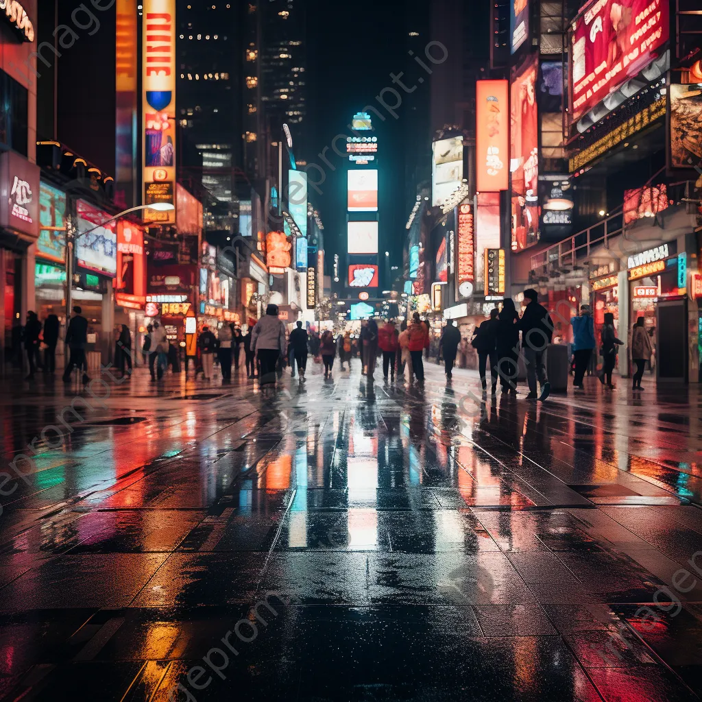 City street illuminated by neon lights with reflections on wet pavement - Image 4