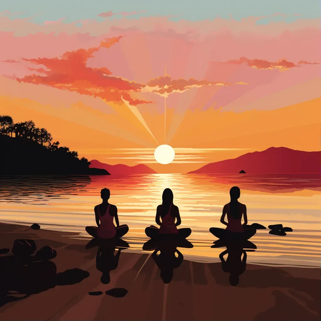 Image of group yoga session on serene beach at dawn - Image 1