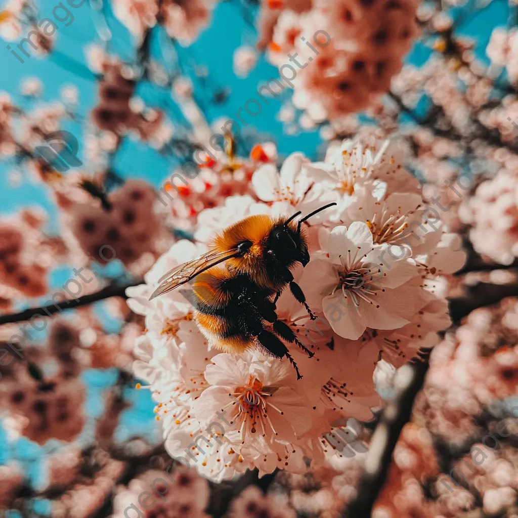 Bee pollinating cherry blossoms on a sunny day - Image 1