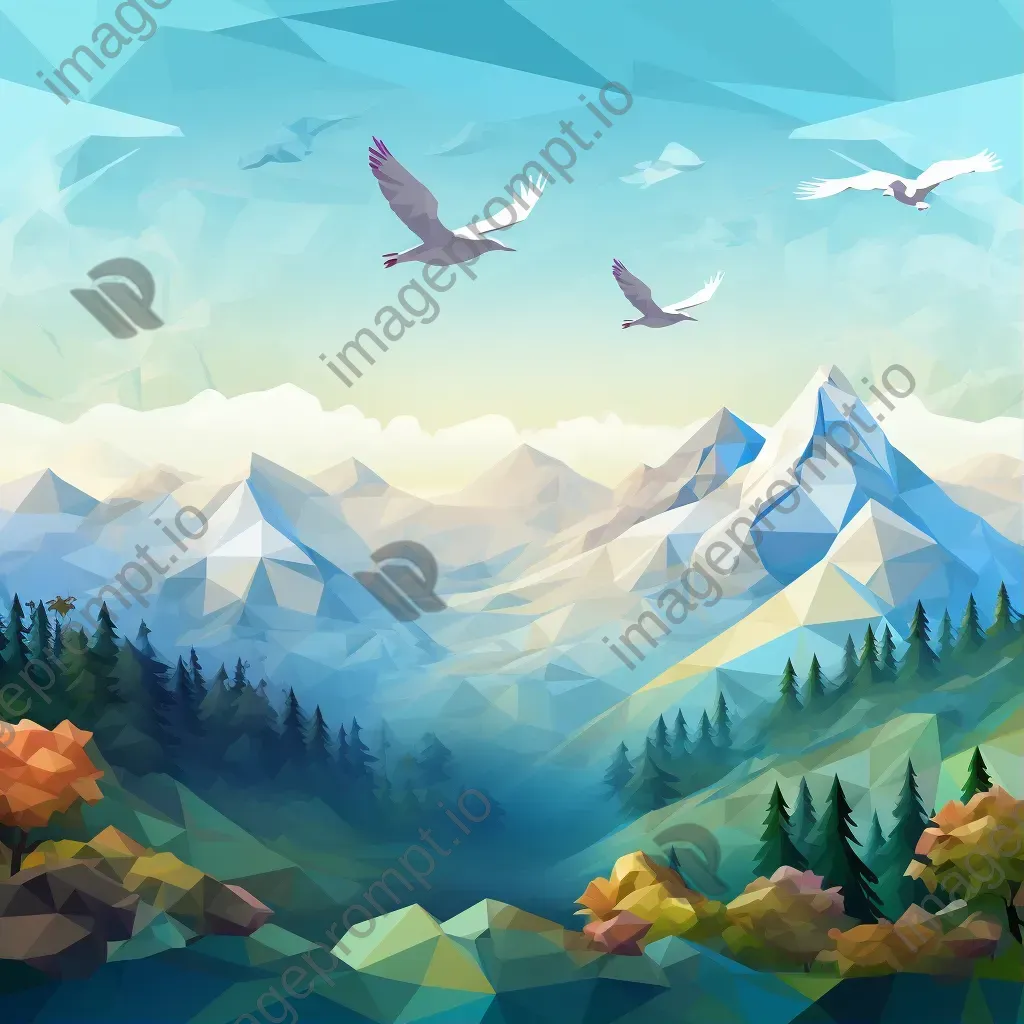 Low poly depiction of serene misty mountains with blending colors and birds in flight - Image 1