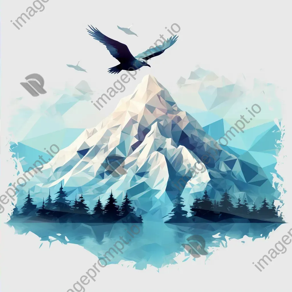 Low poly depiction of serene misty mountains with blending colors and birds in flight - Image 2