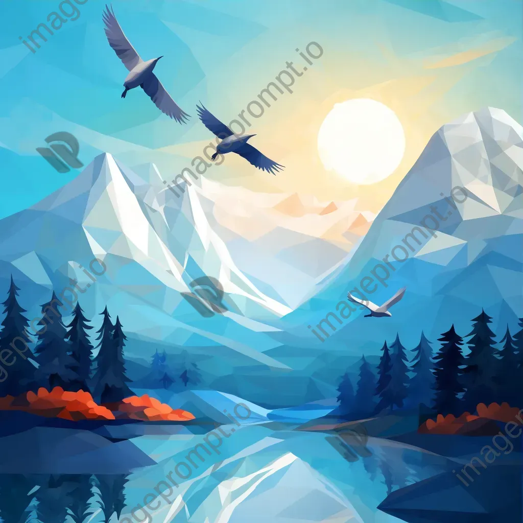 Low poly depiction of serene misty mountains with blending colors and birds in flight - Image 3