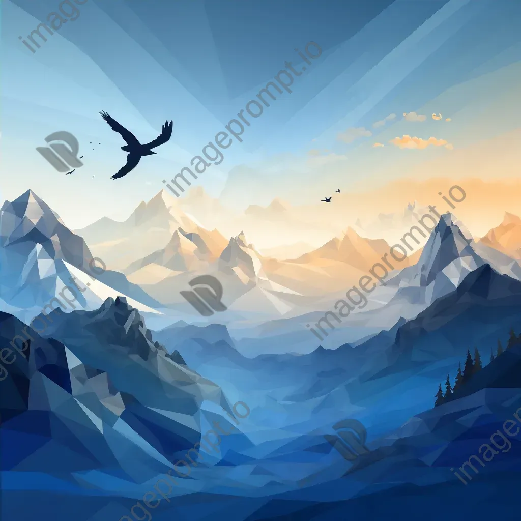 Low poly depiction of serene misty mountains with blending colors and birds in flight - Image 4