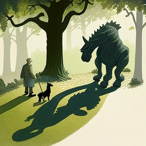 Man walking dog in park with shadows of knight and dragon - Image 3