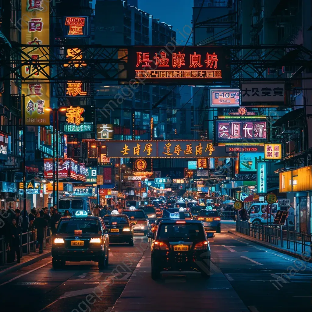 Busy city intersection with cars and pedestrians under colorful neon signs at night - Image 1