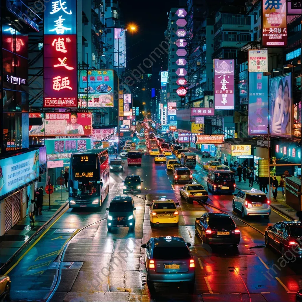 Busy city intersection with cars and pedestrians under colorful neon signs at night - Image 2