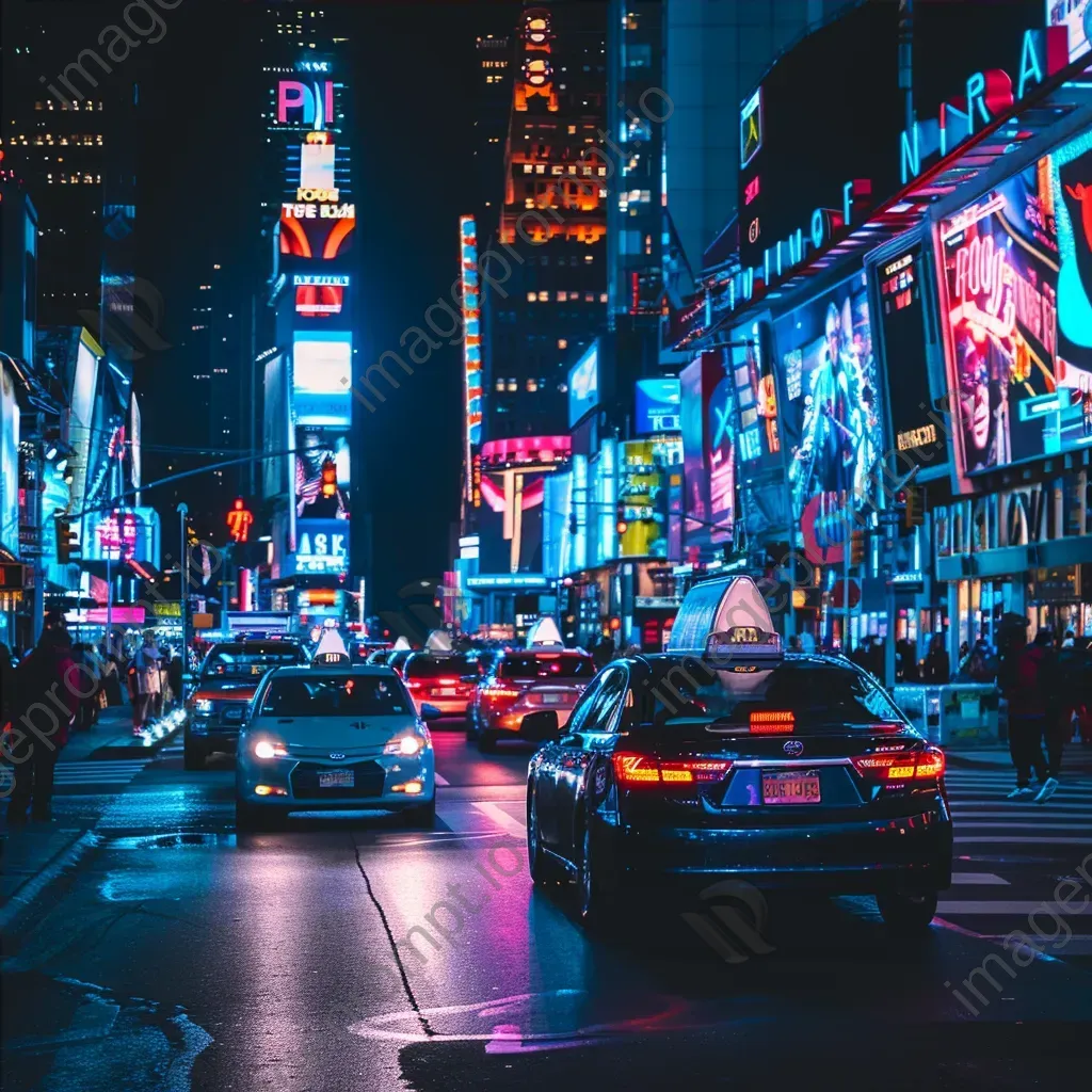 Busy city intersection with cars and pedestrians under colorful neon signs at night - Image 4