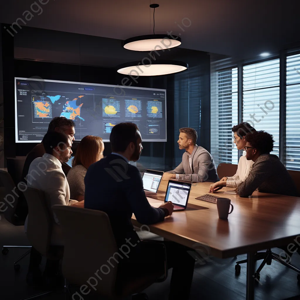 Professionals analyzing data on a large screen in a conference room - Image 1