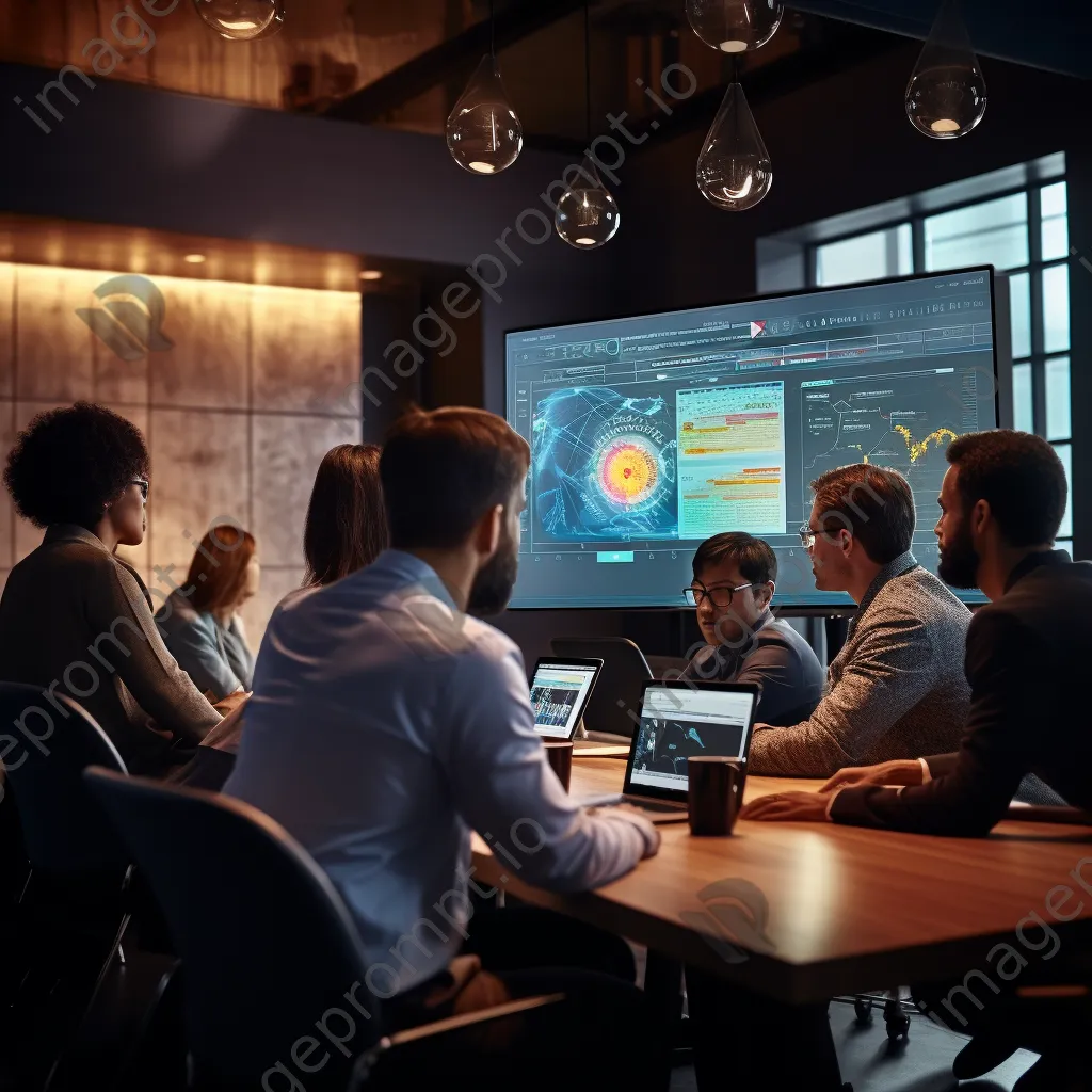 Professionals analyzing data on a large screen in a conference room - Image 2