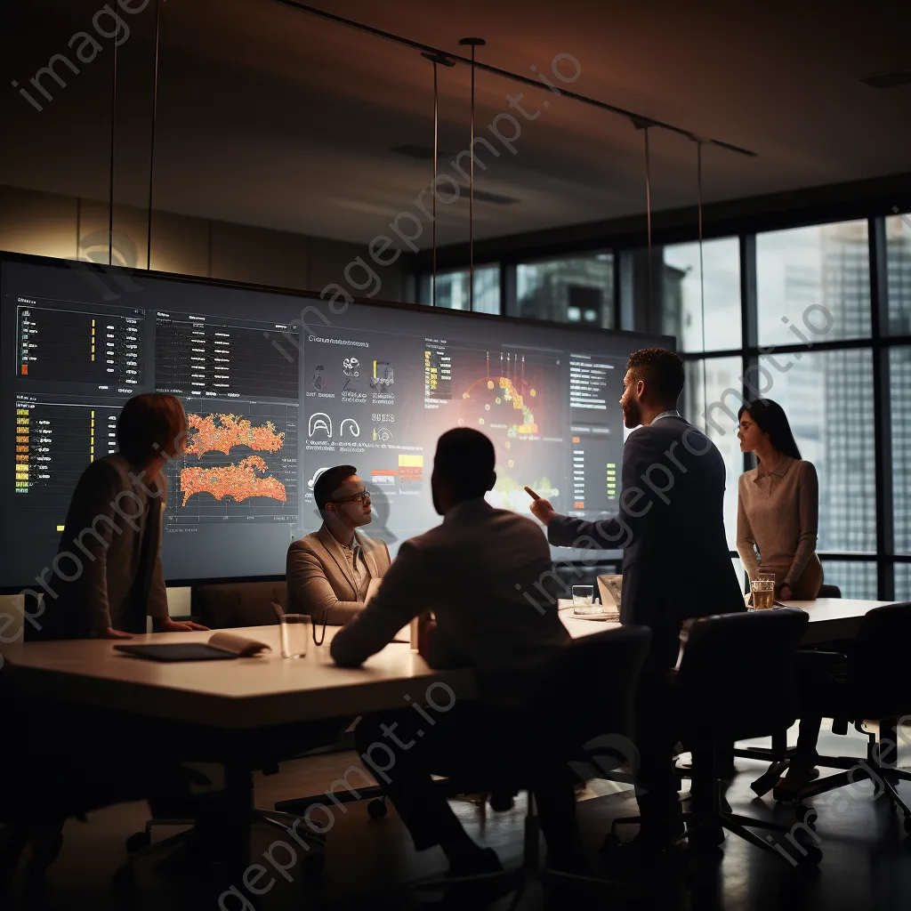 Professionals analyzing data on a large screen in a conference room - Image 3