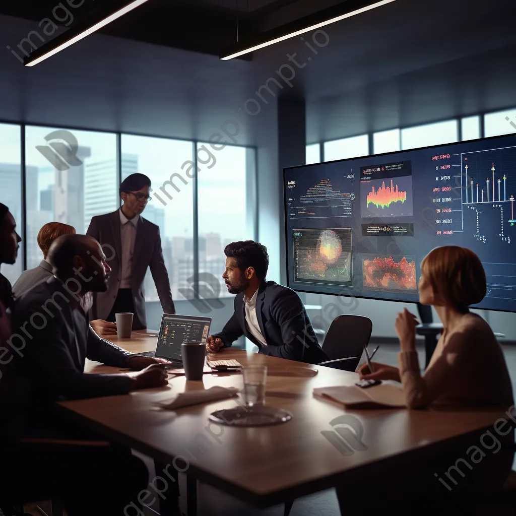 Professionals analyzing data on a large screen in a conference room - Image 4