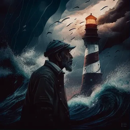 Lighthouse keeper watching ship in perilous storm - Image 1