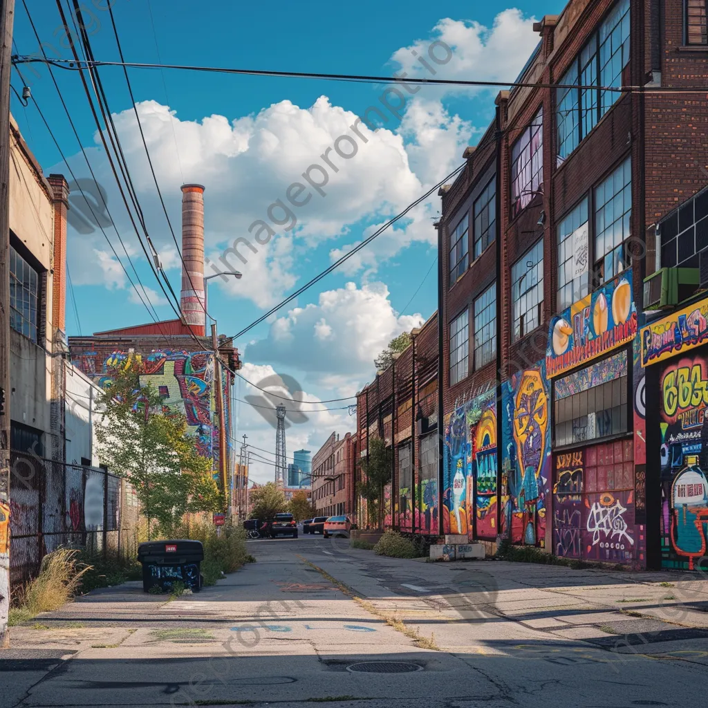 Vibrant street view of an industrial neighborhood with murals - Image 1