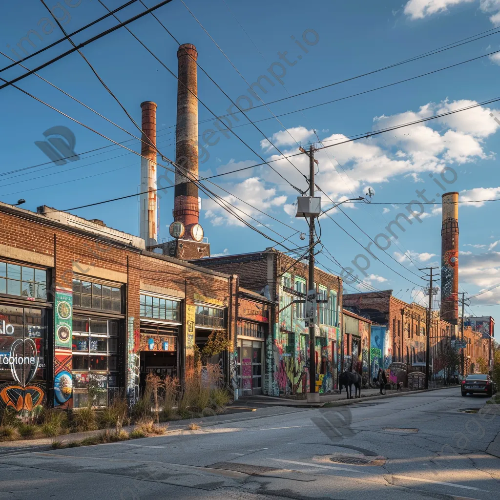 Vibrant street view of an industrial neighborhood with murals - Image 2