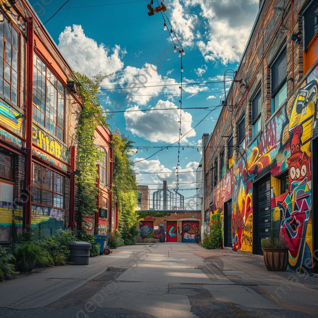 Vibrant street view of an industrial neighborhood with murals - Image 3